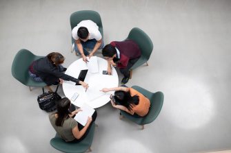 Aerial view of students studying