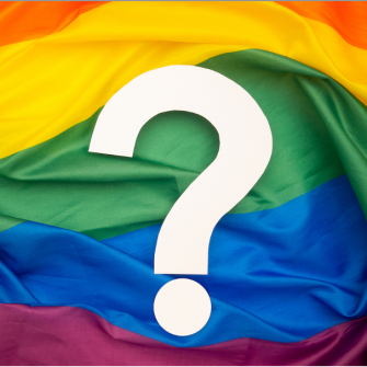 Rainbow flag with white question mark over it