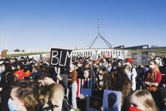 Black Lives Matter protesters outside Parliament House in Canberra