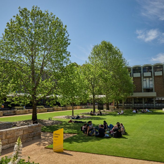 Students relaxing on Library lawn at Kensington UNSW.