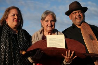 Professor Megan Davis, UNSW Pro Vice-Chancellor Indigenous, alongside Pat Anderson and Noel Pearson at the release of the Uluru Statement from the Heart