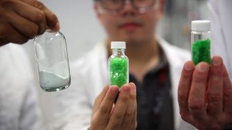 Recycled colourless PET (left) produced from coloured waste sources (middle and right).