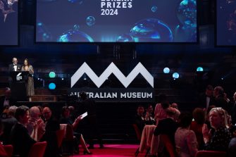 Co-hosts Rae Johnston and Adam Spencer at the 2024 Australian Museum Eureka Prizes