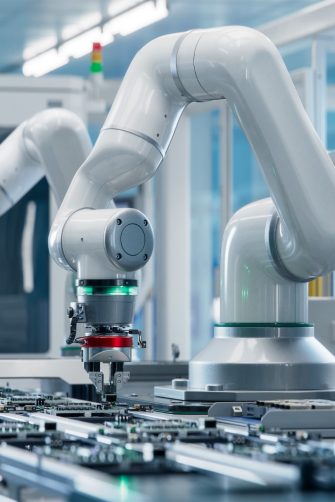 Advanced High Precision Robot Arm inside Bright Electronics Factory. Electronic Devices Production Industry. Component Installation on Circuit Board. Fully Automated Modern PCB Assembly Line.