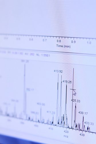 Laura Capasso, William Alexander Donald and Merryn Baker looking at equipment that analyses breath samples for early detection of silicosis in a lab in School of Chemistry