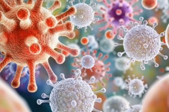 Detailed close-up of microbiology, featuring various cells indicating illness with a backdrop of medical bacteria. Bright and cheerful, high dynamic range, vibrant colors, clear details, fun and playful, elegant theme, crisp and clean,  made by AI