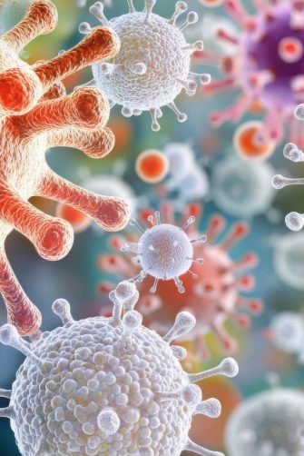 Detailed close-up of microbiology, featuring various cells indicating illness with a backdrop of medical bacteria. Bright and cheerful, high dynamic range, vibrant colors, clear details, fun and playful, elegant theme, crisp and clean,  made by AI