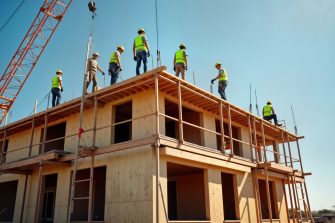 Construction workers in Arizona build multi-story apartment complex. Work high atop wooden structures using scaffolding. Crane visible. Project takes place in, East Mesa. Team of skilled professionals