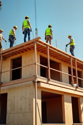 Construction workers in Arizona build multi-story apartment complex. Work high atop wooden structures using scaffolding. Crane visible. Project takes place in, East Mesa. Team of skilled professionals