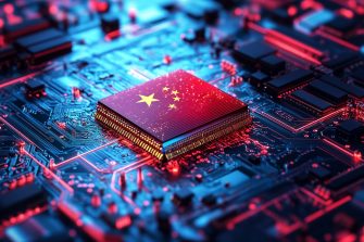 AI creative artificial Intelligence icon on flag of China and sunset sky background, Chips and Brain. Neural networks and machine learning concept. Deepseek, Chatgpt 20