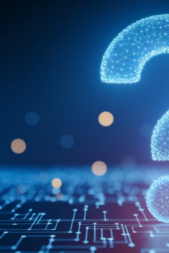 Glowing blue large question mark, digital network design, abstract concept, symbolizes inquiry, problem-solving, technology, innovation, digital future