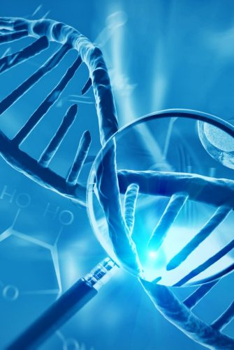 3d render of dna structure and cells, abstract background