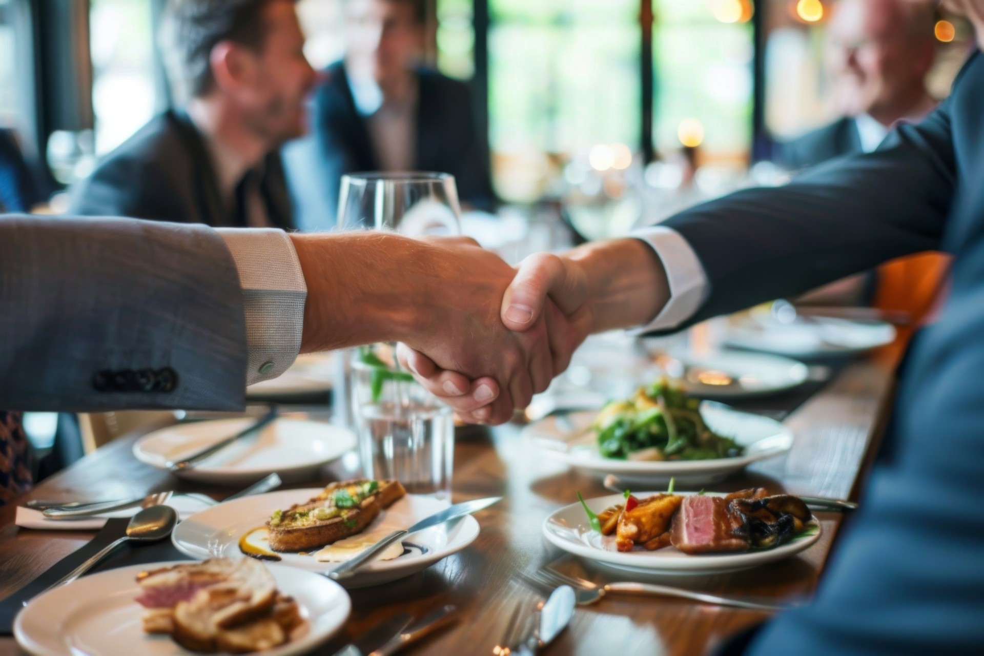 a group of people sitting at a table shaking hands business lunch sealing important deals