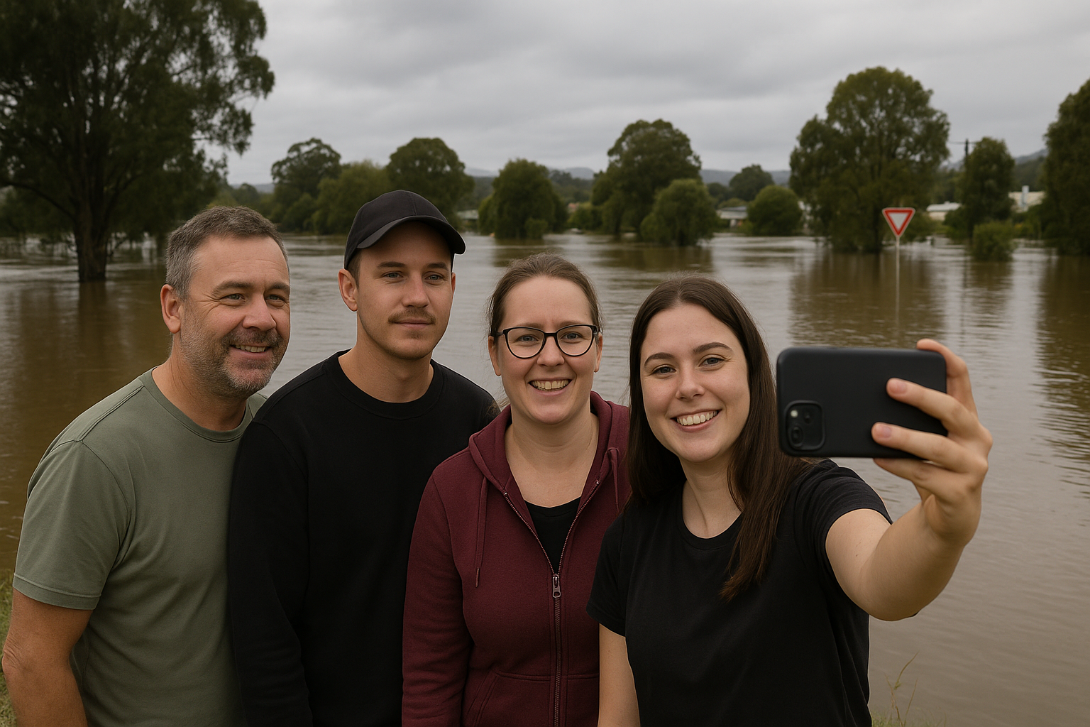 Created with AI: people taking selfies in front of flood waters in Australia