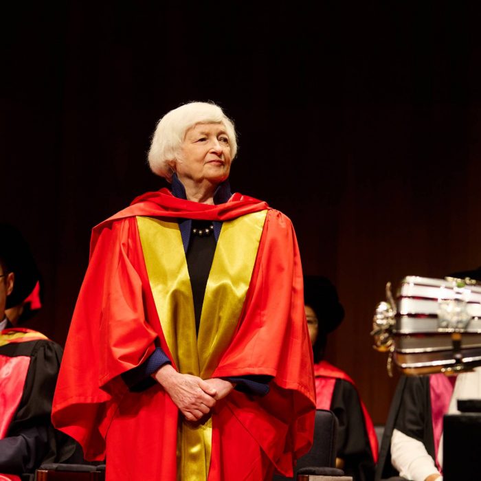 Secretary Janet Yellen on stage at UNSW graduation ceremony before receiving honorary doctorate