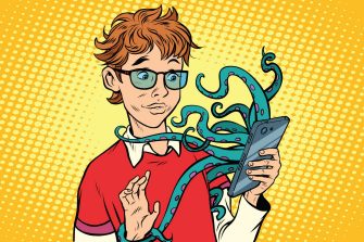 teen and octopus in the smartphone, danger online. Viruses and hackers. Internet addiction. Pop art retro comic book vector illustration
