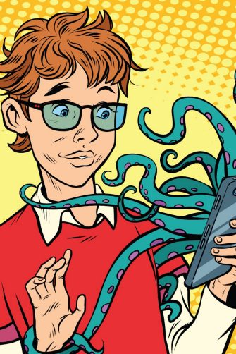 teen and octopus in the smartphone, danger online. Viruses and hackers. Internet addiction. Pop art retro comic book vector illustration