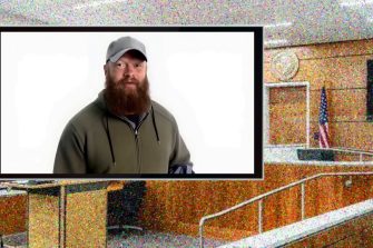 A composite image of a man over courtroom background 