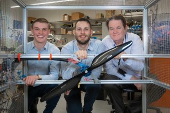 Mr Peter McNair, Dr Matthew Priestley, Dr Thomas McNeill from UNSW’s Technology Translation Squad in the Drone Motor Drive Lab