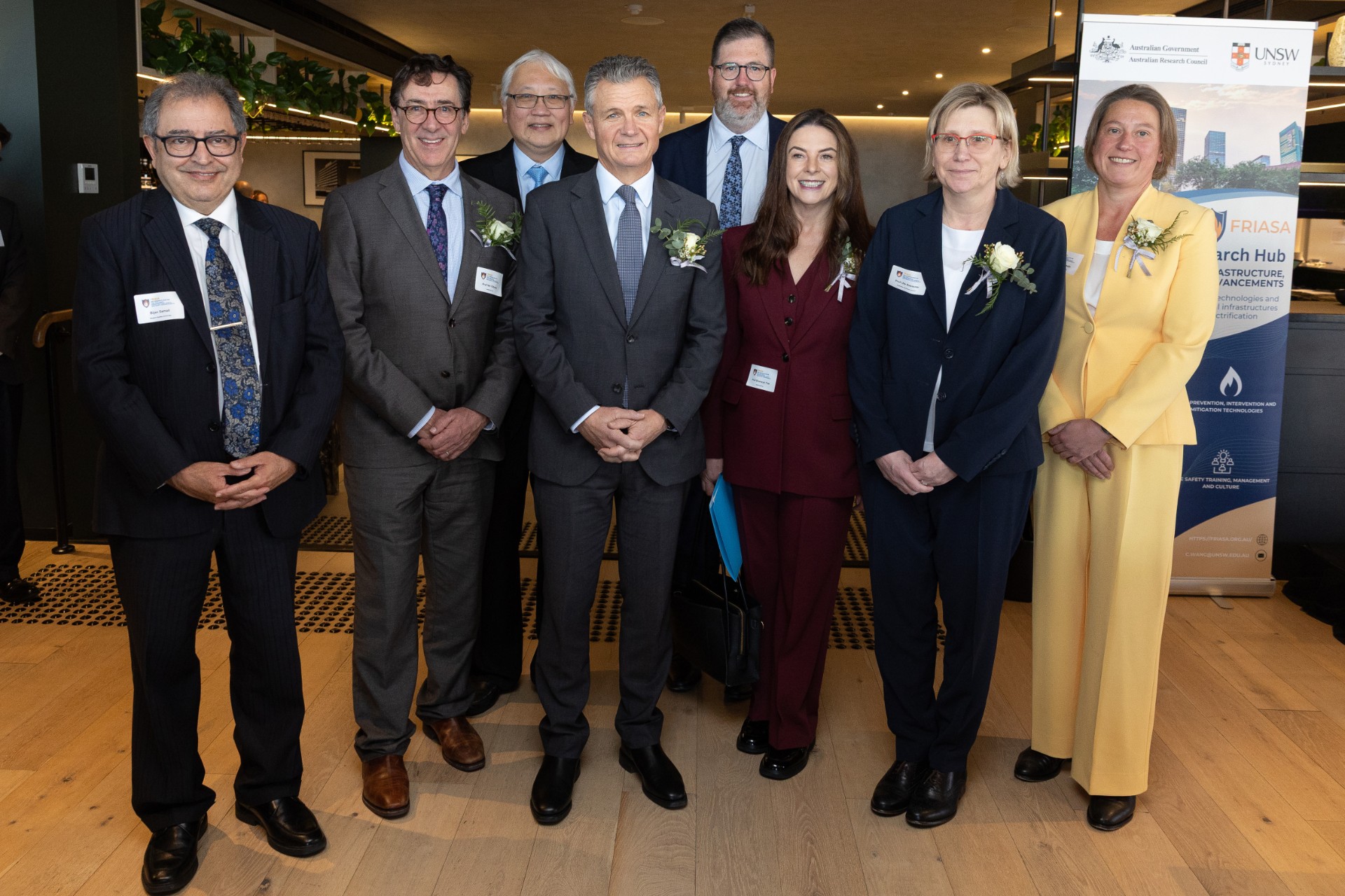 Professor Bijan Samali, Professor Ian Gibson, Professor Guan Yeoh, Hon. Matt Thistlethwaite MP, Professor Dane McCamey, Professor Bronwyn Fox, Professor Ute Roessner and Professor Anika Gauja at the ARC Research Hub FRIASA UNSW launch event at The Lounge, Level 11, Library (Building F21),Kensington Campus, UNSW SydneyPhotos by Mark Kolbe Photography for UNSW