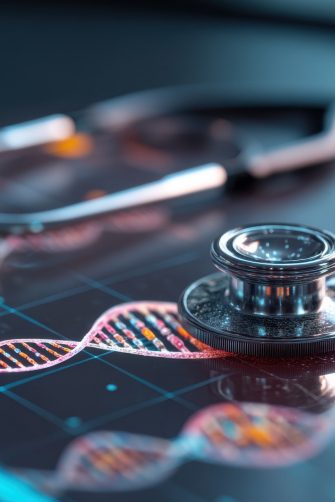 A close-up shot of a stethoscope resting on a screen displaying DNA strands, highlighting the intersection of medicine and technology.