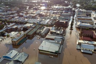Flooded city of Lismore NSW Australia at sunset 2022