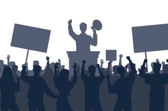 Illustration: Silhouettes people at political rally. 