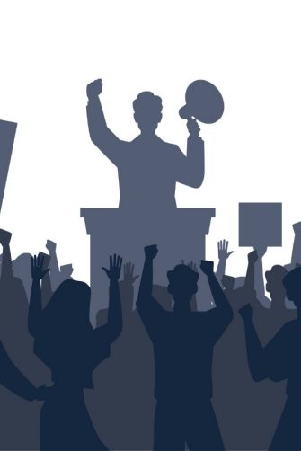 Illustration: Silhouettes people at political rally. 