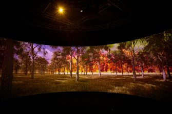 A/Assistant Commissioner Education and Training FRNSW Phillip Etienne AFSM, UNSW Vice-Chancellor & President Professor Attila Brungs, Dean of UNSW Arts, Design & Architecture Professor Claire Annesley, Commissioner of the NSW Rural Fire Service Trent Curtin, Deputy Commissioner – Strategic Capability FRNSW Paul McGuiggan, Dean of UNSW Engineering Professor Julien Epps and Director of the iCinema Centre UNSW Scientia Professor Dennis Del Favero at an iFire demonstration