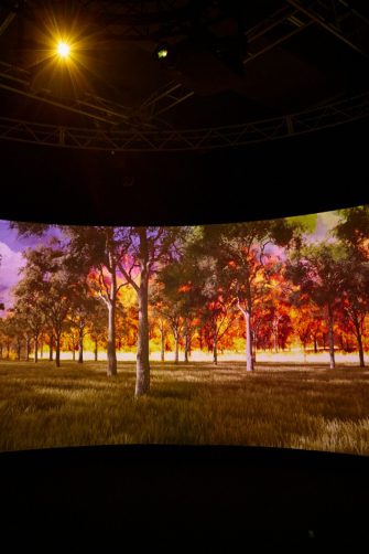 A/Assistant Commissioner Education and Training FRNSW Phillip Etienne AFSM, UNSW Vice-Chancellor & President Professor Attila Brungs, Dean of UNSW Arts, Design & Architecture Professor Claire Annesley, Commissioner of the NSW Rural Fire Service Trent Curtin, Deputy Commissioner – Strategic Capability FRNSW Paul McGuiggan, Dean of UNSW Engineering Professor Julien Epps and Director of the iCinema Centre UNSW Scientia Professor Dennis Del Favero at an iFire demonstration