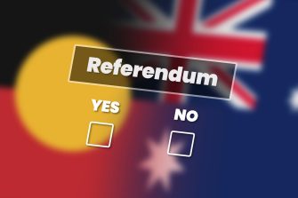 Australian referendum sign with yes and no tick boxes. Background with aboriginal and Australian flags.