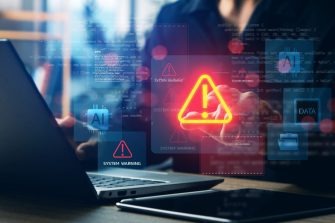 Cybersecurity system warning alert on laptop with AI and data icons, concept of artificial intelligence risks, data breach, malware attack, digital security, and technology protection.