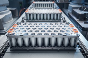 EV Battery Production Factory. Close-up of Lithium-ion High-voltage Battery Components for Electric Vehicle or Hybrid Car. Battery Module for Automotive Industry Production Line.