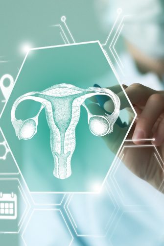 Telemedicine and human Uterus recovery concept. Turquoise color palette, copy space for text.