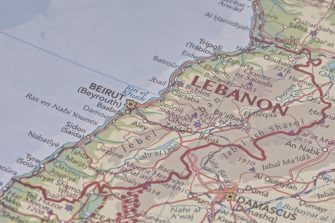 Close up of Lebanon on map