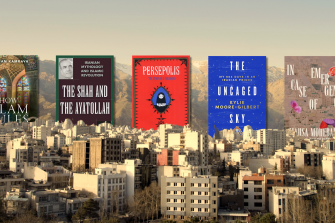 5 book covers over a city in iran