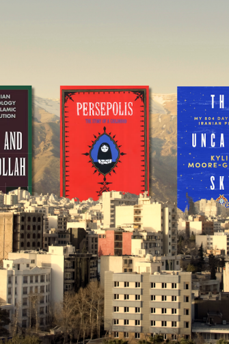 5 book covers over a city in iran