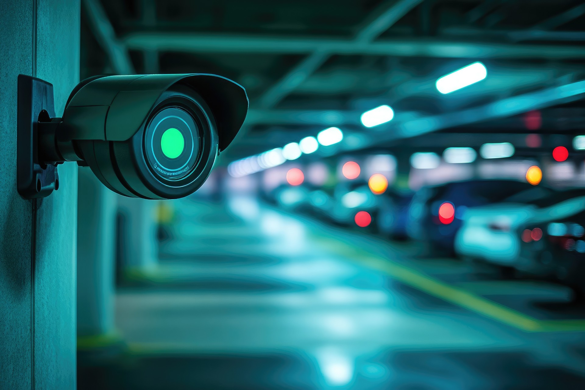 Close-up of a CCTV camera on a wall in a car park, cars charging at an electric vehicle station with a green energy display
