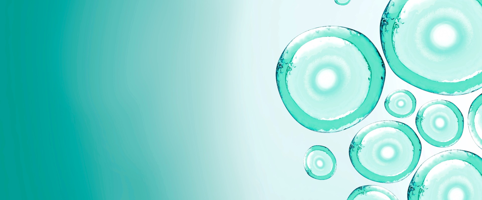 Sky blue abstract bubbles banner with copy space left.3d illustration micellar water. Reprodoctology, petrium dishes,oxygen molecules.Laboratory research and scientific.Transparent liquid, human eggs with nuclei.