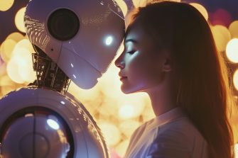 Asian woman with cyborg woman or man. AI and human love concept. Enamored girl and humanoid robot couple. Relationship between robot and woman. Romantic relationships with artificial intelligence