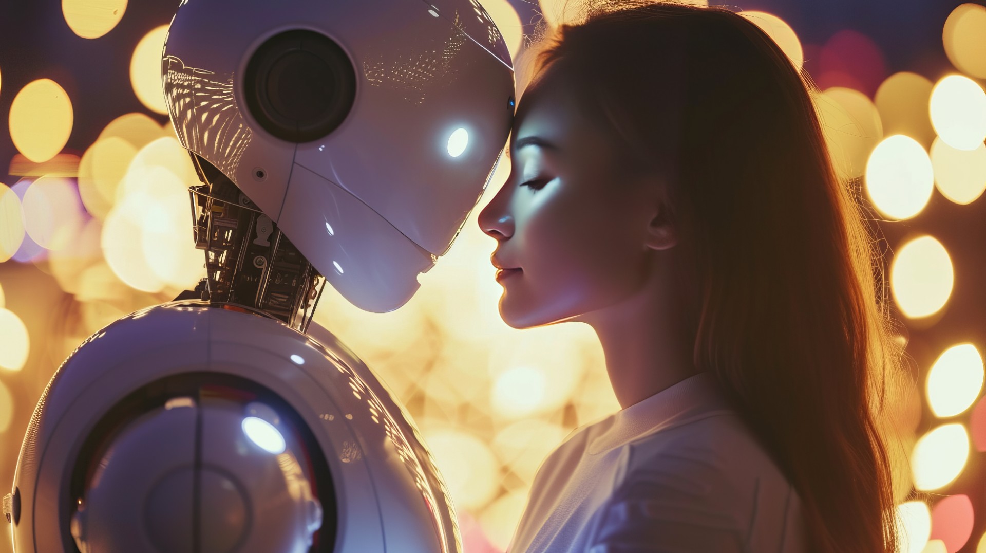 Asian woman with cyborg woman or man. AI and human love concept. Enamored girl and humanoid robot couple. Relationship between robot and woman. Romantic relationships with artificial intelligence