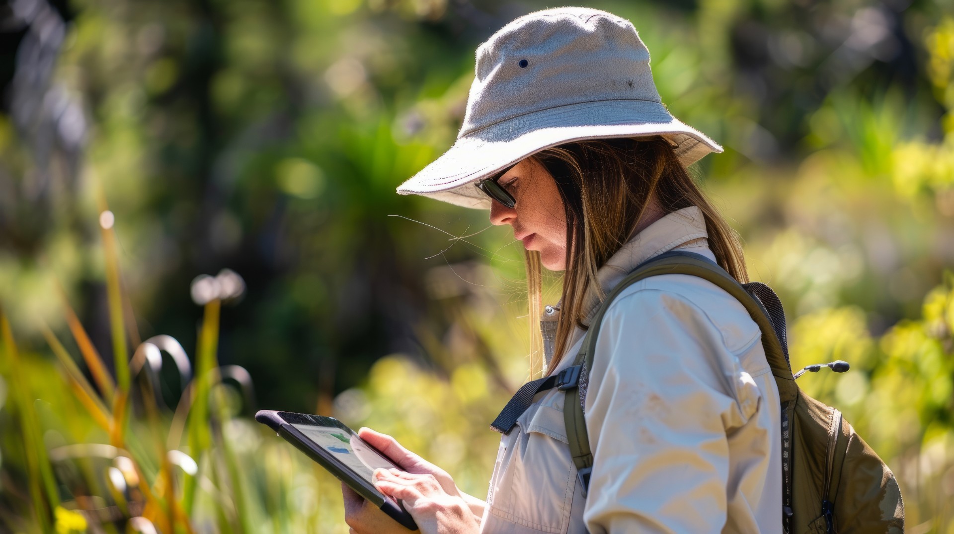 A woman wearing a hat is focusing on a tablet, likely collecting wildlife data for a citizen science project
