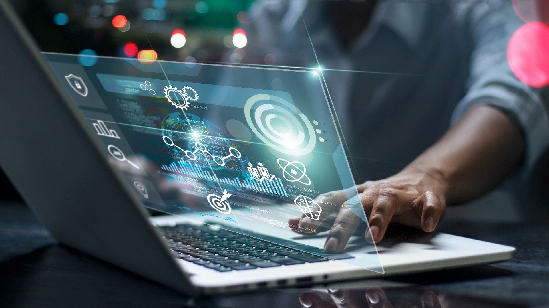 A high-tech computer graphic beaming out of a laptop.