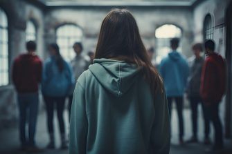 A teenager stands alone, looking at groups of other teenagers. 