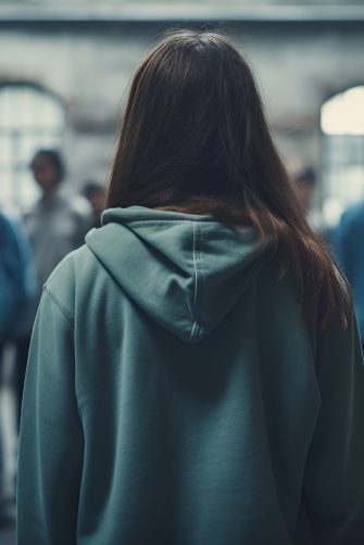 A teenager stands alone, looking at groups of other teenagers. 