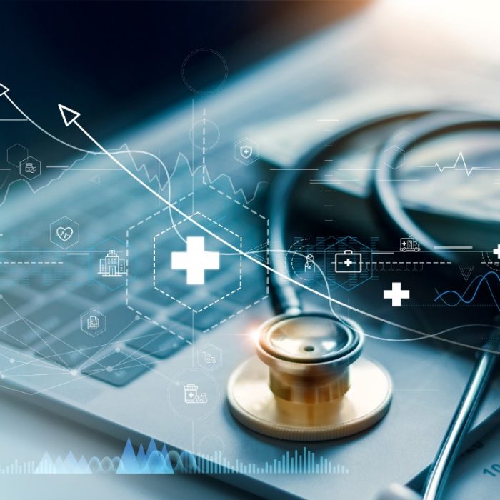 Healthcare business graph and data of Medical business growth and gold stethoscope of doctor on laptop, investment, financial and banking, Medical business report on global network.