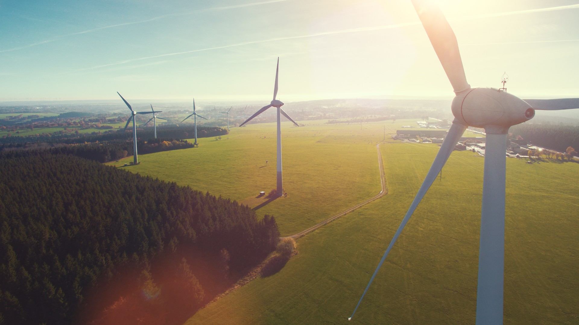 Wind turbines and agricultural fields on a sunny day