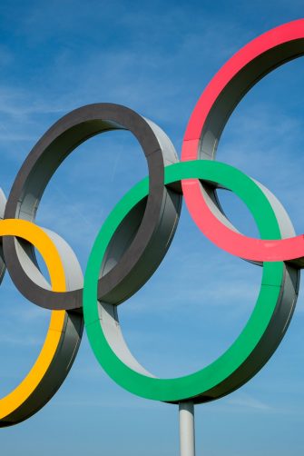 Olympic rings against a blue sky