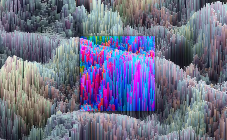 A pixilated screen with a highlighted square in bright colour