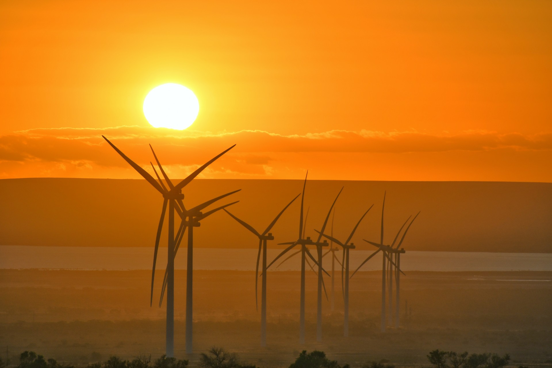 Large wind turbines in silhouette against an orange sky